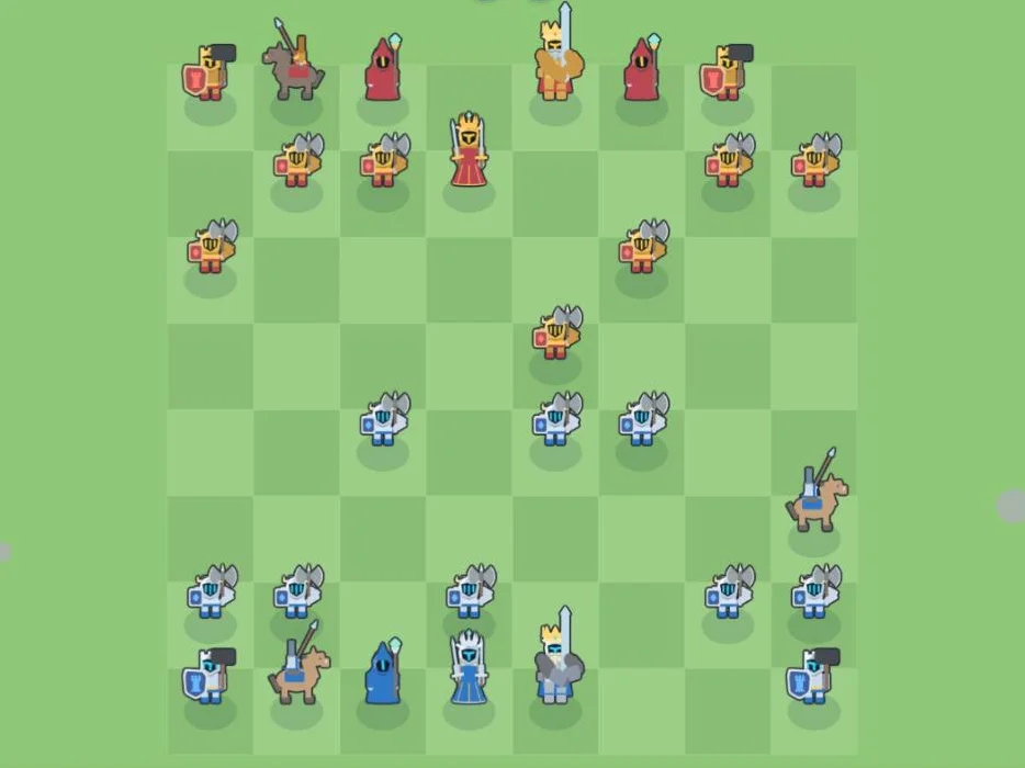Crash of Crowns: a chessboard of cartoon knights, a blue army facing a red army mid-game