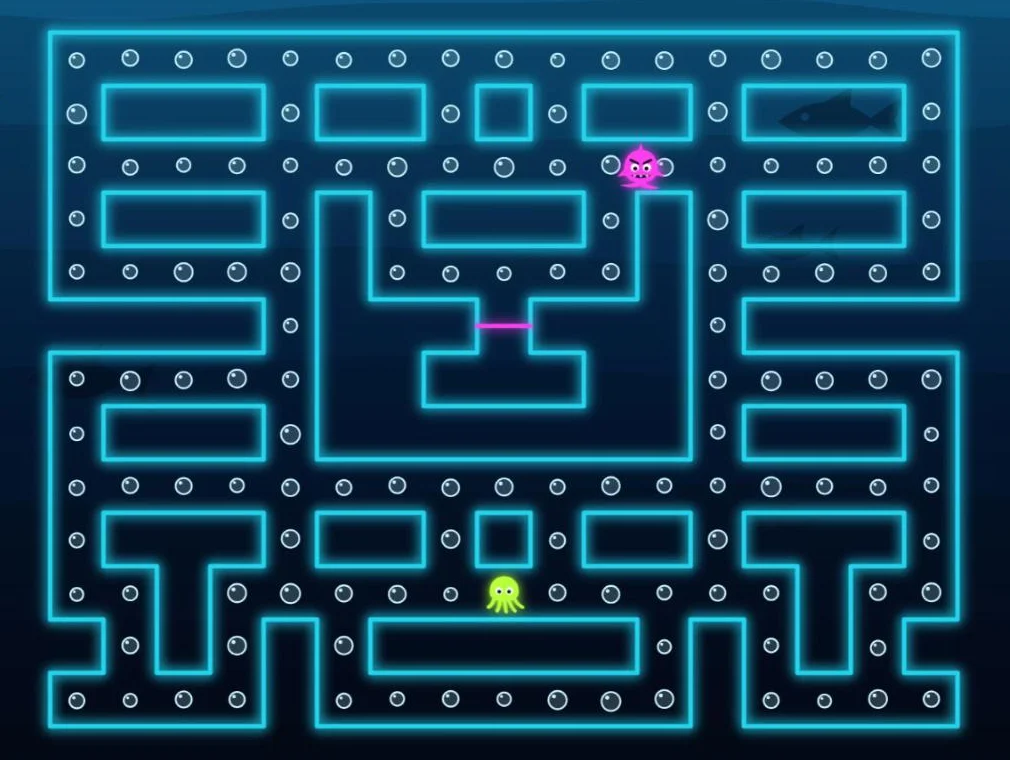 Squid Maze: a little green squid in a glowing underwater maze full of bubbles, with a pink shark nearby